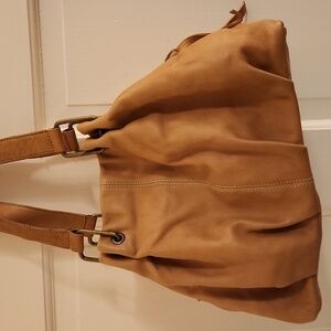 Leather Satchel Bag - Yellowish Creme Color with light green stitching